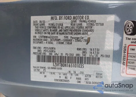 2006 Ford Mustang V6 z USA, uszkodzony, nr VIN 1ZVFT80N165101035